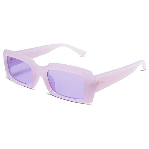 Allarallvr Trendy Rectangle Sunglasses for Women Men Vintage 90's Square Shades Thick Frame Nude Sunnies Sunglasses AR82002, Purple | Amazon (US)