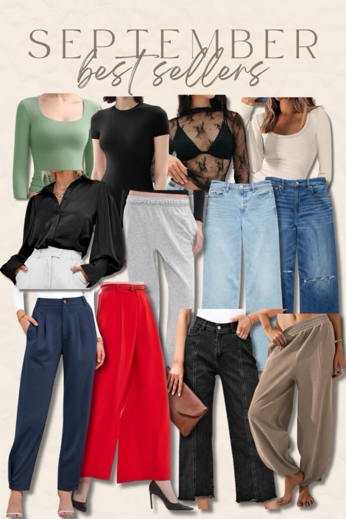 Everything is true to size (wearing a large in all) EXCEPT… the AE denim, which run big (size down, I wear a 10 short), and the Amazon lounge pants on the bottom right (they run small, I’m an XL in those). 