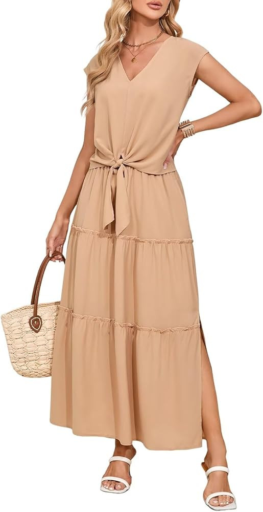 Dokotoo Women's Spring Summer 2 Piece Outfits 2025 Cap Sleeve V Neck Belted Crop Tops High Waist ... | Amazon (US)