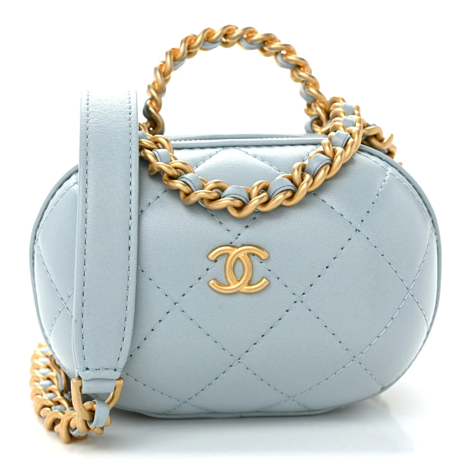 Lambskin Quilted CC Bubble Vanity Case With Chain Light Blue | FASHIONPHILE (US)