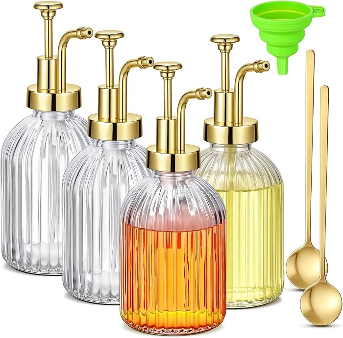 LemonRoad 4 Pcs Glass Syrup Dispenser 10oz with Funnel, Gold Pump | Amazon (US)