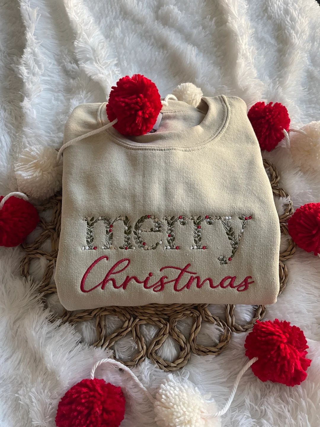EMBROIDERED Floral Sweatshirt Christmas Sweatshirt Merry - Etsy | Etsy (US)