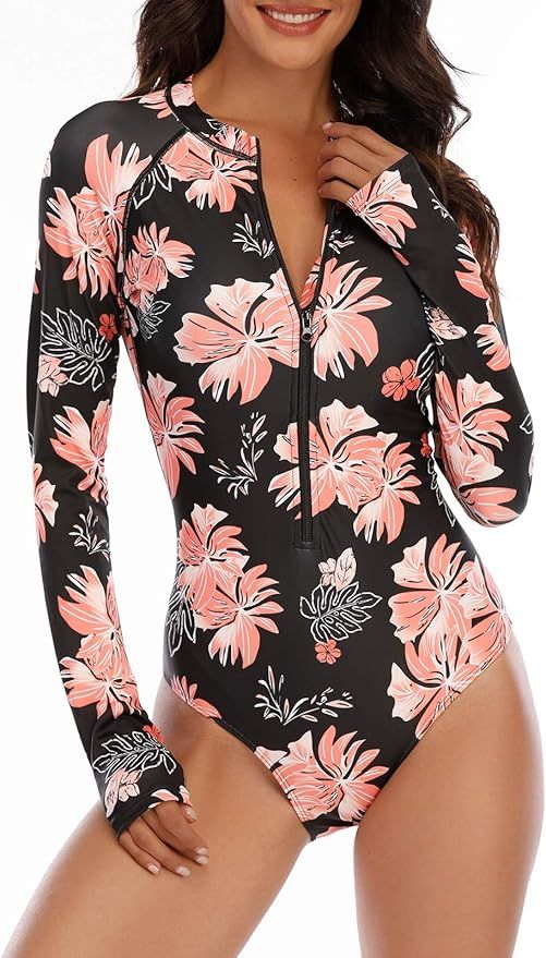 Century Star Women's Long Sleeve one Piece Swimsuit Athletic Rash Guard Zipper Floral Printed Sur... | Amazon (US)
