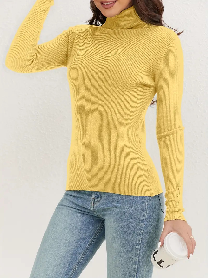 Solid Color Turtle Neck Pullover Sweater, Casual Long Sleeve Button Decor Knitted Sweater For Fal... | Temu Affiliate Program