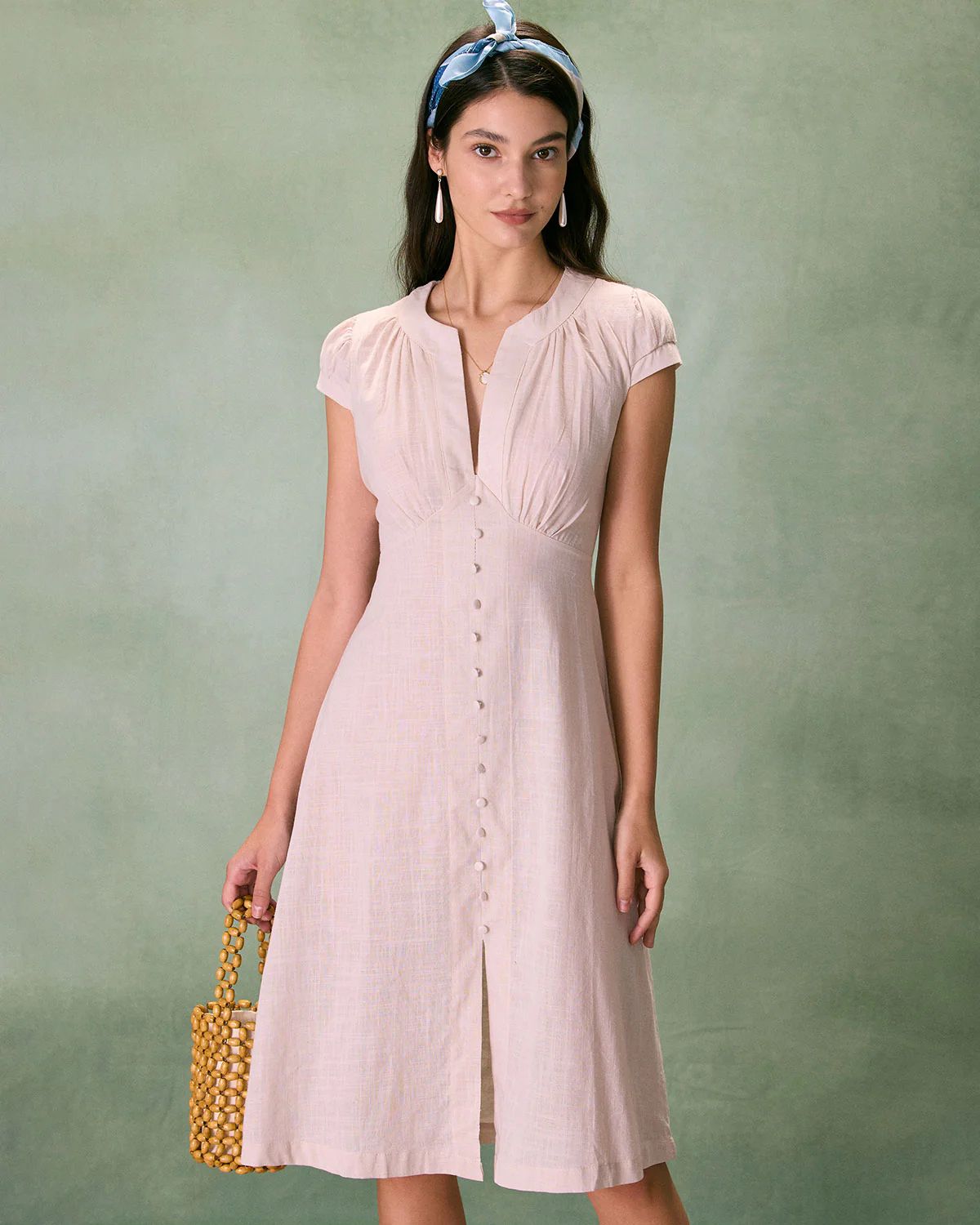 The Beige Cap Sleeve Split Hem Midi Dress - Women's Cap Sleeve Formal and Casual Midi Dresses - G... | rihoas.com