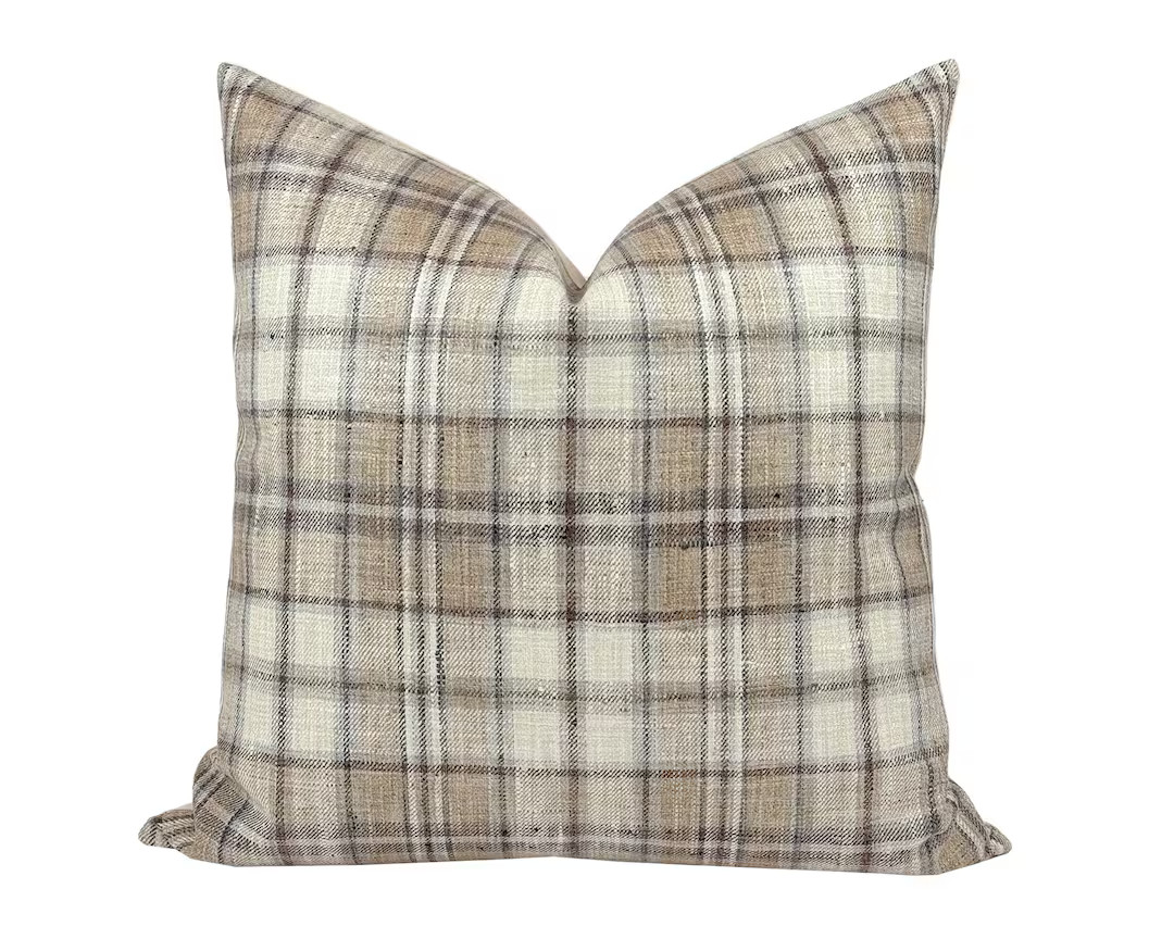 BECKETT Tan Plaid Pillow Cover, Neutral Pillow, Farmhouse Pillow, Light Brown Plaid Pillow, Tan P... | Etsy (US)