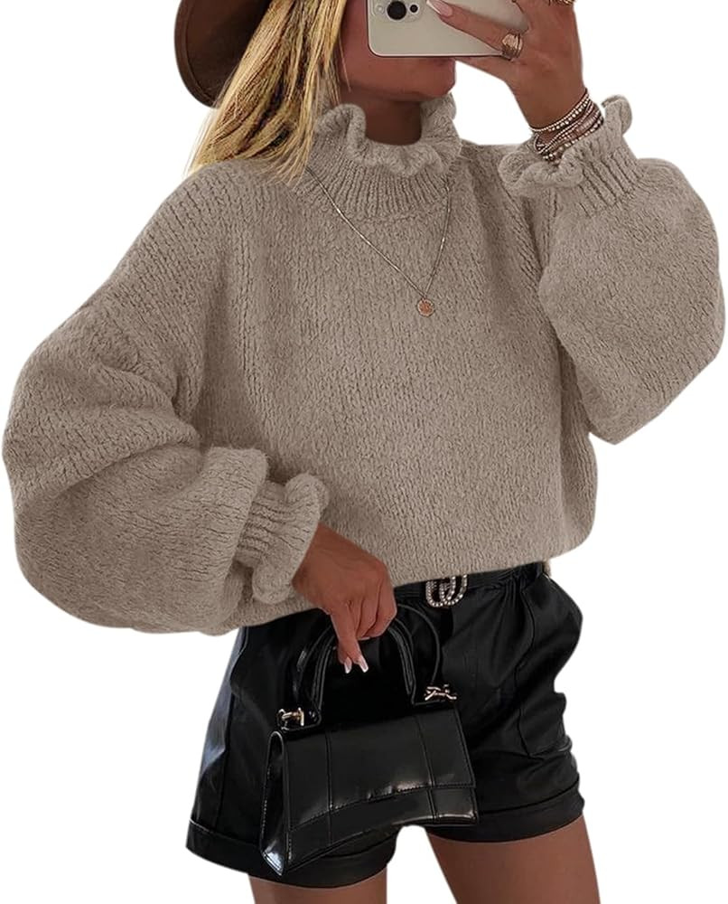 Saodimallsu Womens Oversized Ruffle Sweater Mock Neck Puff Sleeve Casual Soft Knit Pullover Sweat... | Amazon (US)