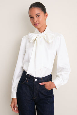 White Satin Brianna Bow Blouse | Tuckernuck (US)