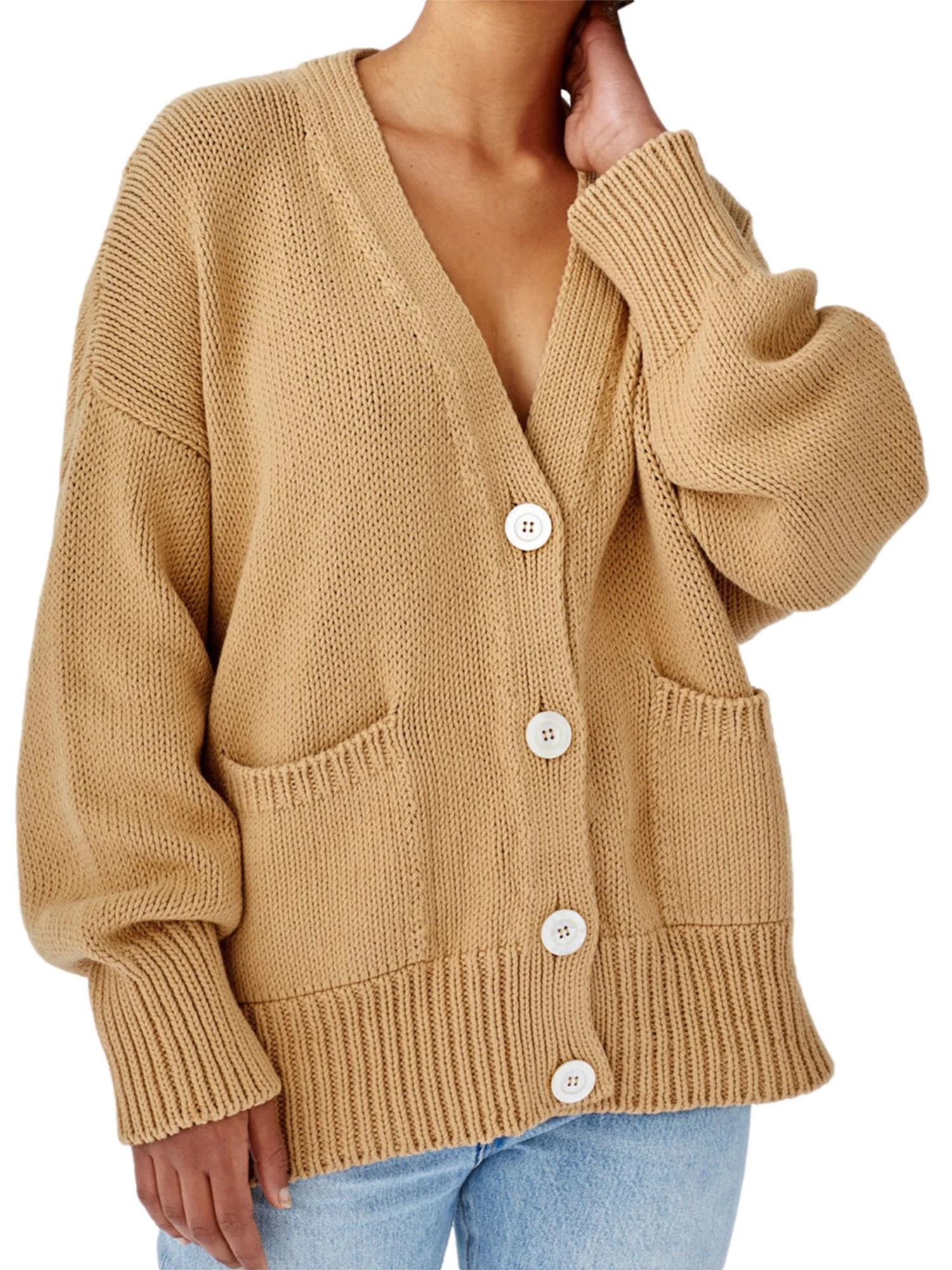 Spring hue Women Oversized Button Up Knit Cardigans V Neck Loose Casual Knitted Chunky Sweater Lo... | Walmart (US)