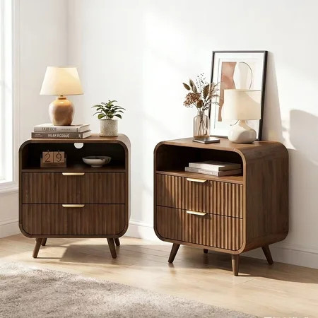 YDN Modern Curved Nightstand with Charging Station - 24 inch Wooden 2 Drawers Fluted Profile Bedside Table with LED Lights & Open Shelf, End Side Table for Bedroom, Living Room,Walnut,Set of 2 | Walmart (US)