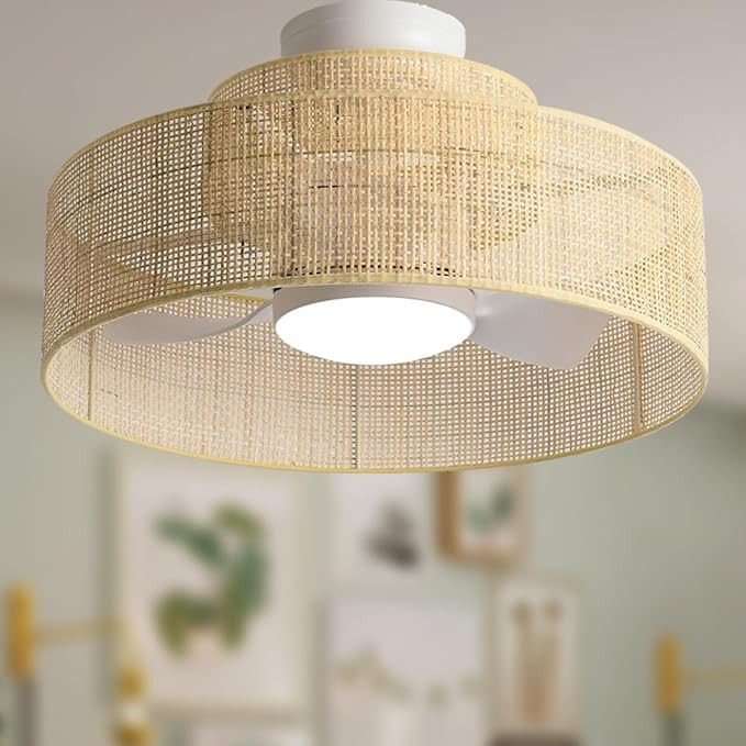 22” Bamboo DC Dimmable Ceiling Fan with Light and Remote Control,Boho Wooden Wicker Cage Rattan... | Amazon (US)