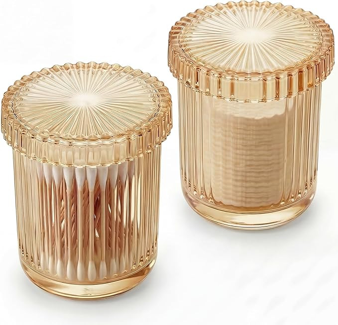 2 Pack Glass Qtip Holder Dispenser, Bathroom Canister Apothecary Jars with Lids, Vanity Makeup Ac... | Amazon (US)