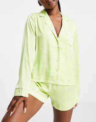 ASOS DESIGN satin piped long sleeve shirt & short pajama set in lime | ASOS (Global)