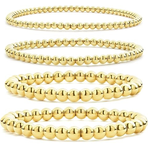 Gold Stacking Beaded Stretch Bracelet Set for Women,7Pcs Simple Gold Round Ball Handmade Beaded C... | Amazon (US)