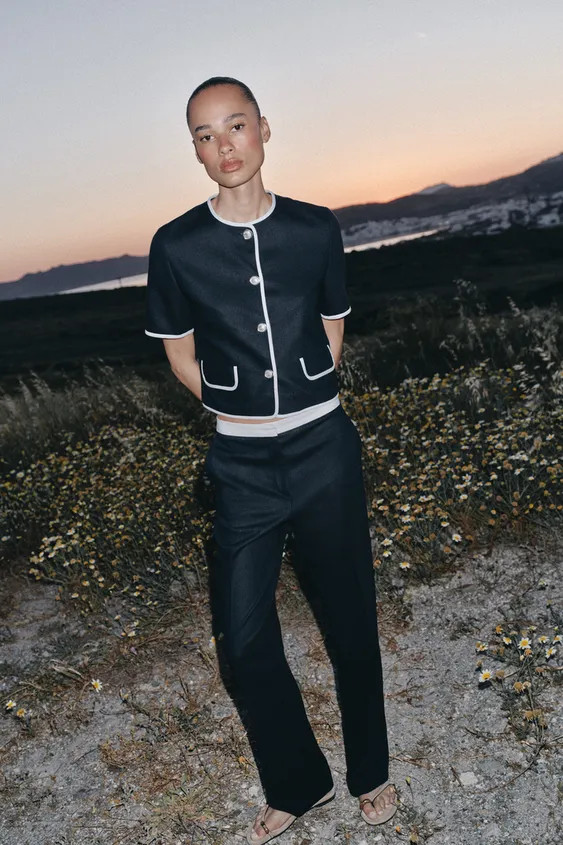 STRAIGHT-LEG LINEN BLEND TROUSERS WITH CONTRAST WAIST | Zara UK