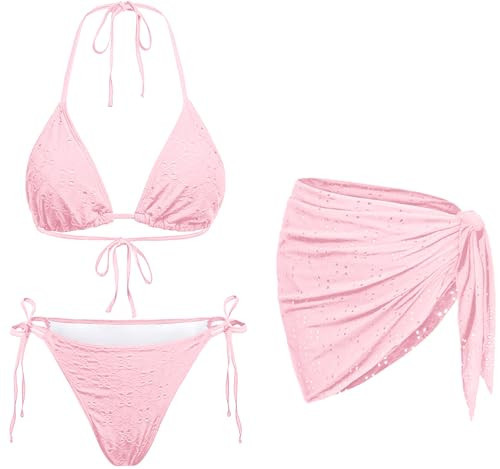 Light Pink Women 3 Piece Swimsuits - Sexy Triangle Bikini Sets with Cover Up Halter String Tie Side Bathing Suits M | Amazon (US)