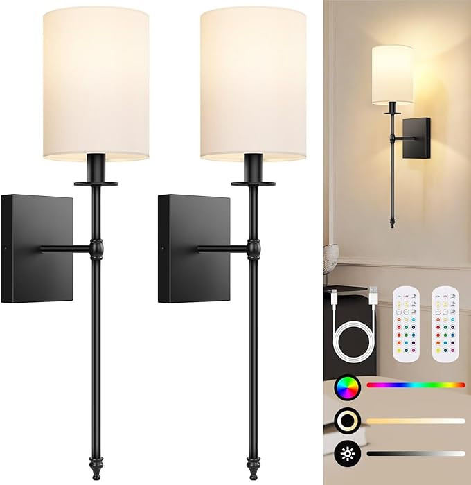 24.8 Inch Black Battery Operated Wall Sconces Set of 2, Rechargeable Wireless Wall Lights with Re... | Amazon (US)