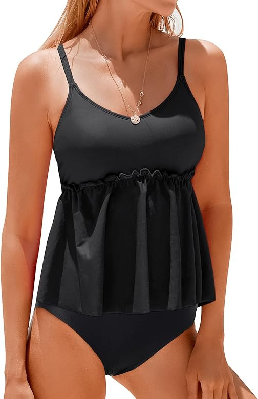 Daci Women High Waisted Two Piece Tankini Peplum Swimsuits with Shorts Tummy Control Flowy Bathin... | Amazon (US)