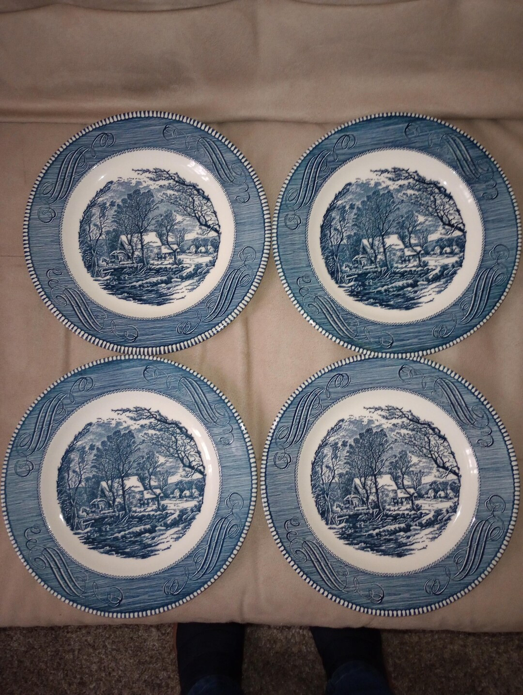 Vintage Currier and Ives Old Grist Mill Blue and White Dinner Plates- Set of 4 - Etsy | Etsy (US)