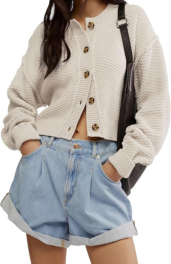 Cardigan Sweaters for Women,Long Sleeve Button Down Loose Short Cardigan | Amazon (US)