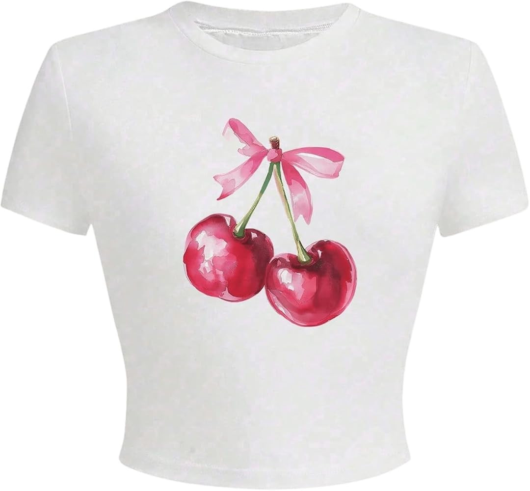 GORGLITTER Women's Graphic Crop Tops Cherry Bow Short Sleeve Y2k Cute Tee T Shirt Summer Fashion | Amazon (US)