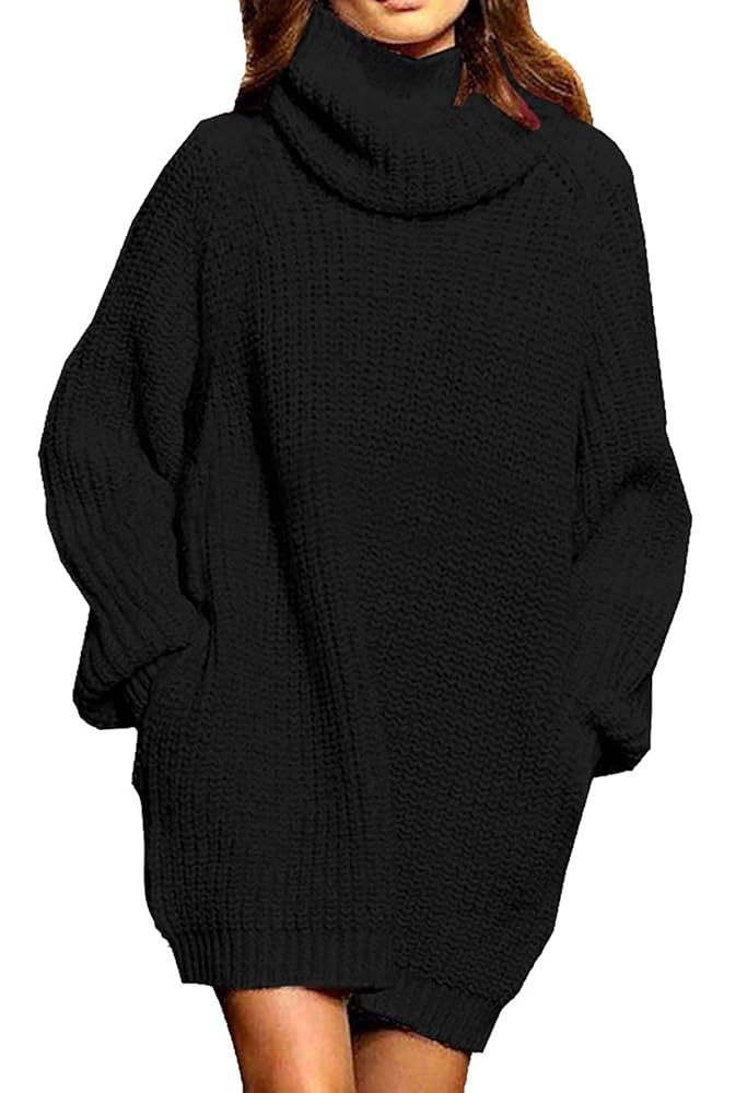Pink Queen Women's Loose Turtleneck Oversize Long Pullover Sweater Dress Black S at Amazon Women... | Amazon (US)