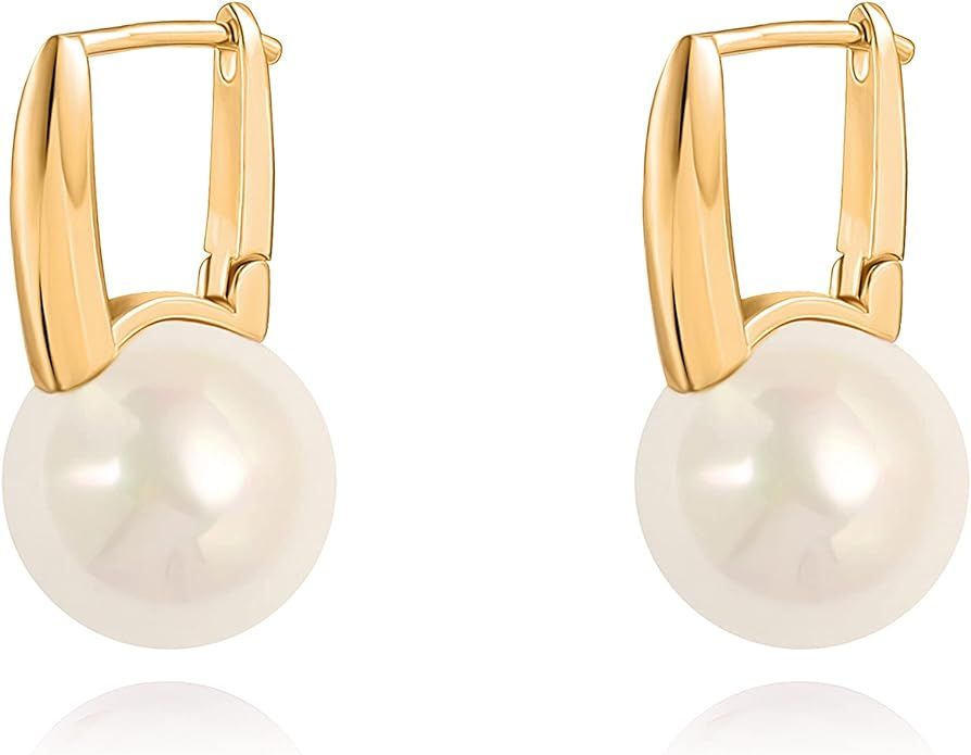 Pearl Earrings Dangle Leverback Earrings Long Pendant 18K Gold Geometric Triangle Dangle Earrings... | Amazon (US)