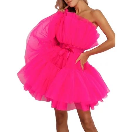 Gwiyeopda Women s Strapless Tulle Princess Dress Ruffle Mesh Party Prom Mini Fairy Dress | Walmart (US)