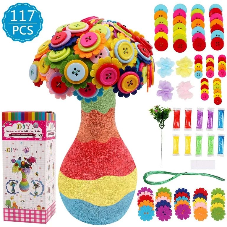 DigHealth DIY Vase with Flowers Craft Kit for Kids, Make Your Own Flower Bouquet by Buttons and F... | Walmart (US)
