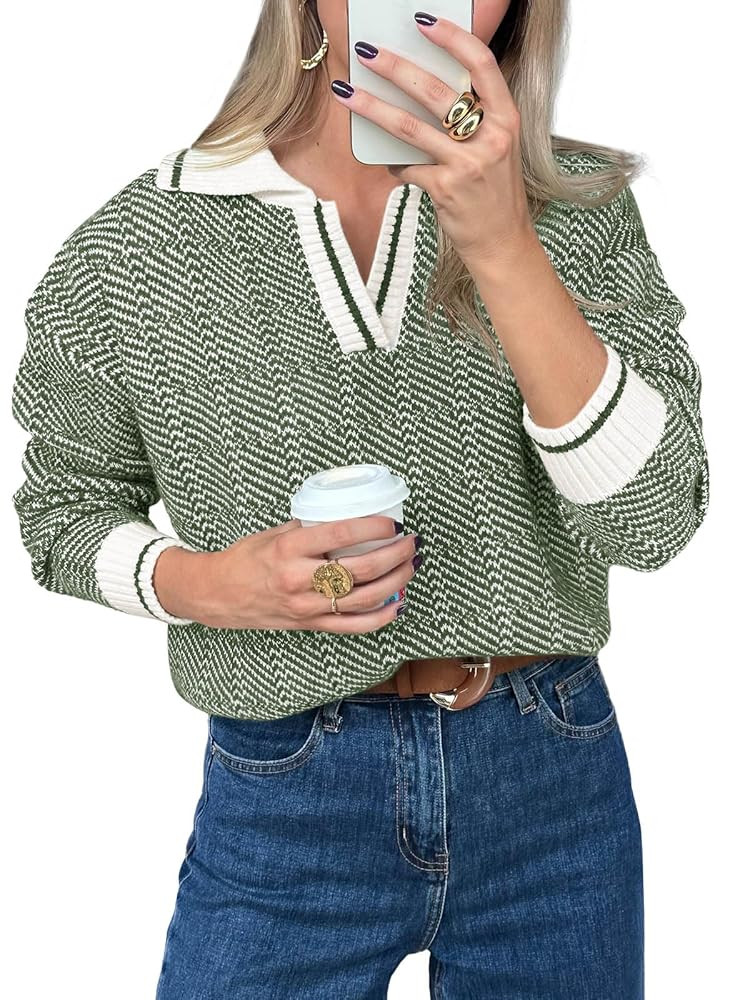 Saodimallsu Womens Fall Sweaters Tops Lapel V Neck Knit Sweater Color Block Long Sleeve Casual So... | Amazon (US)