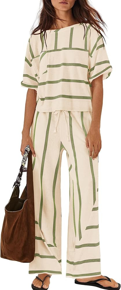 Amazon.com: Panadila Womens Striped Lounge Set 2 Piece Summer Travel Vacation Sets Short Sleeve T... | Amazon (US)