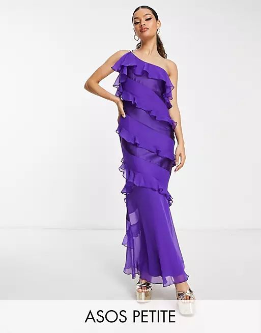 ASOS DESIGN Petite satin bias ruffle maxi dress in purple | ASOS (Global)