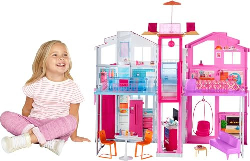 Barbie 3-Story Townhouse Dollhouse with Elevator, Swing Chair, Furniture and Accessories, Fold for Portability and Travel (Amazon Exclusive) | Amazon (US)