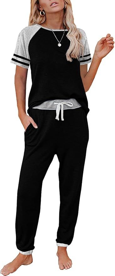 AUTOMET Lounge Sets For Women Two Piece Outfits Loungewear Short Sleeve Crewneck Jogger Pajama Se... | Amazon (US)