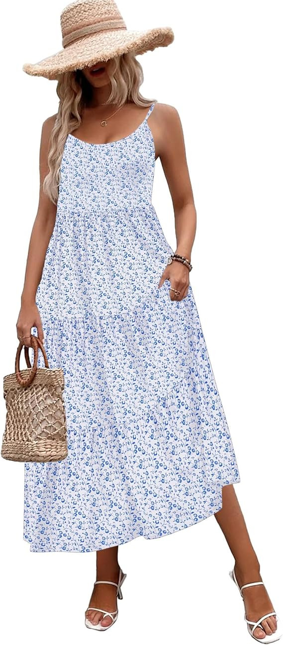 Zeagoo Womens Summer Long Dress Adjustable Spaghetti Strap Floral Casual Dress with Pockets Flowy... | Amazon (US)