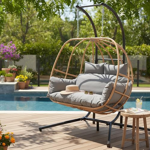 DAYAOUTDOOR Double Egg Chair with Stand, Oversized Egg Chair Outdoor, 2-Person Hanging Eggs Chairs, 600Lbs Sturdy Loveseat Swinging Chair for Balcony, Patio, Deck, Grey | Amazon (US)