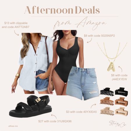 So many great deals from Amazon today, including a linen blend button up, bodysuit, footbed sandals, hair clips, and an initial necklace. Be sure to use the coupon codes listed on the graphic. 

Ootd, Amazon fashion, spring outfit, summer outfit 

#LTKfindsunder50 #LTKsalealert #LTKstyletip
