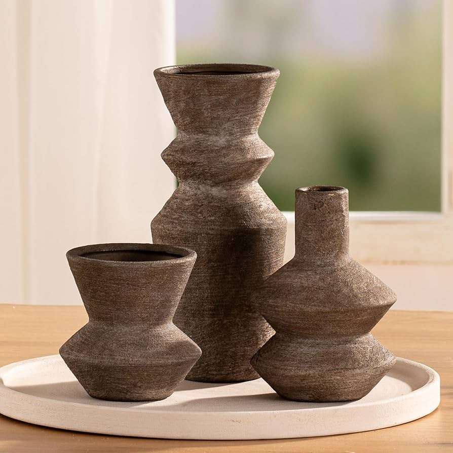 Ceramic Vase Home Table Decor - Brown Flower Vase Set of 3 Living Room Kitchen Decorations Farmho... | Amazon (US)