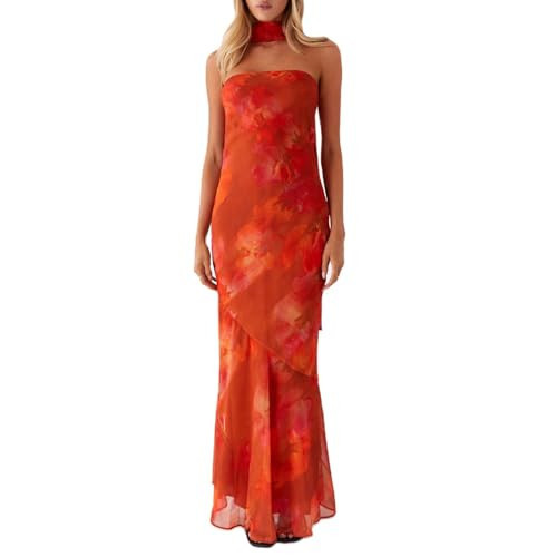 Womens Floral Strapless Dress Y2k Backless with Scarf Tube Maxi Long Dresses Sexy Mesh Bodycon Summer Beachwear (US, Alpha, X-Small, Regular, Regular, Floral Orange) | Amazon (US)