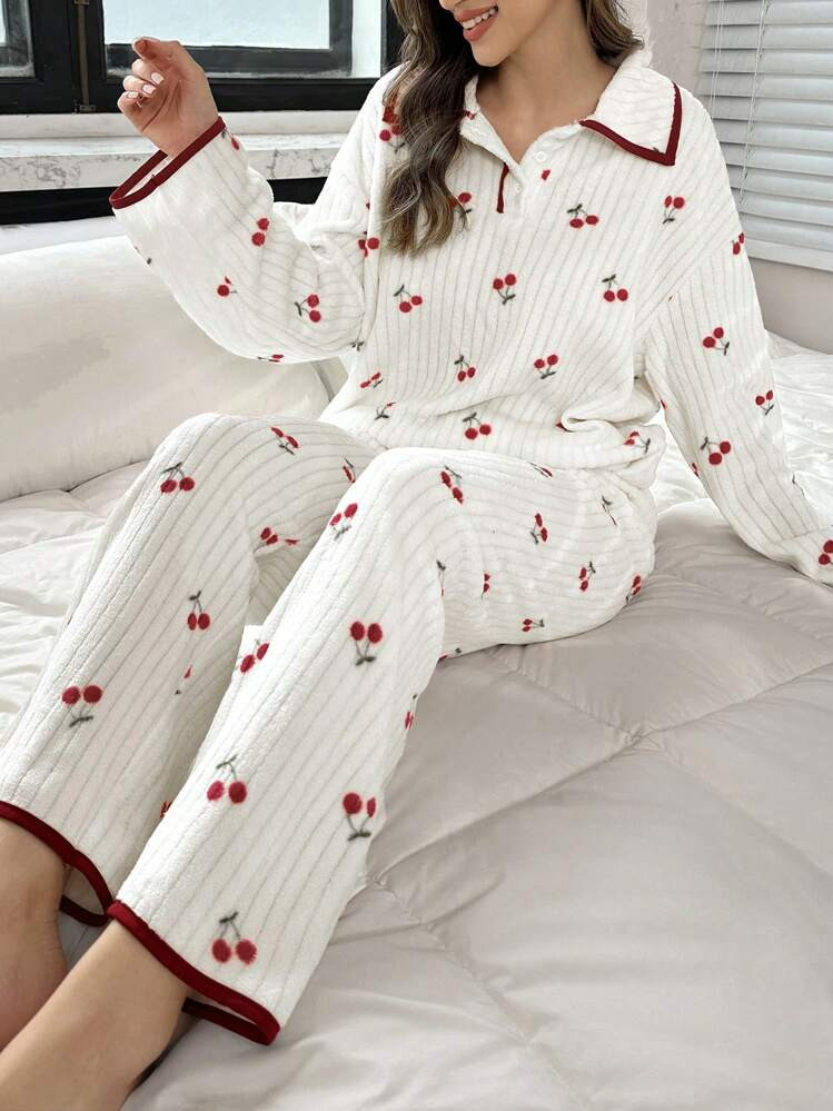 CottageSlumber Women's Plush Cherry Print Contrast Trim Half-Placket Turndown Collar Fluffy Pajamas Set, Autumn/Winter Holiday Season, Fall Winter Clothes, Cozy | SHEIN