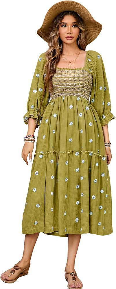 R.Vivimos Women's Long Sleeve Cotton Boho Midi Dress Vintage Square Neck Floral Embroidered Tiere... | Amazon (US)