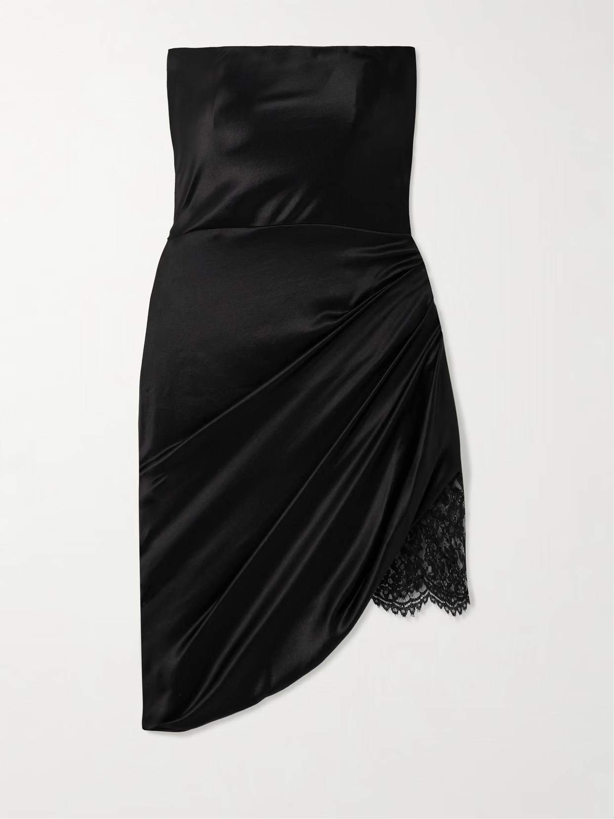 SAINT LAURENT - Strapless Draped Lace-trimmed Silk-satin Mini Dress - Black | NET-A-PORTER (US)