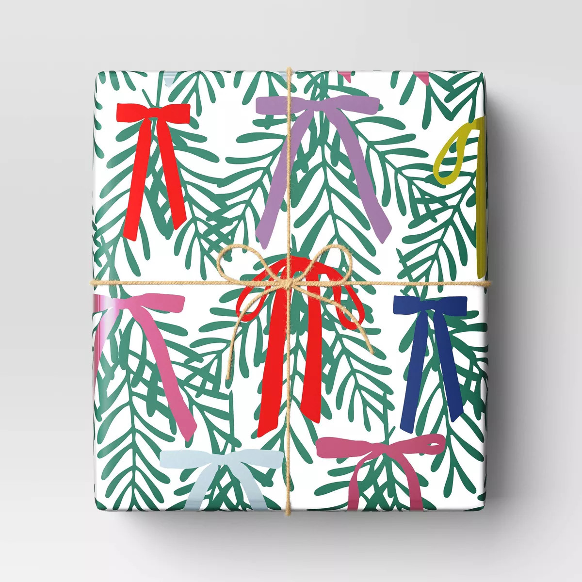 25 sq ft Metallic Greenery with Colorful Bows Christmas Gift Wrap White - Wondershop™ | Target