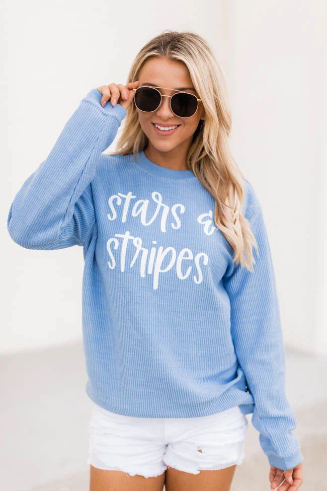 Stars And Stripes Graphic Blue Corded Sweatshirt | The Pink Lily Boutique