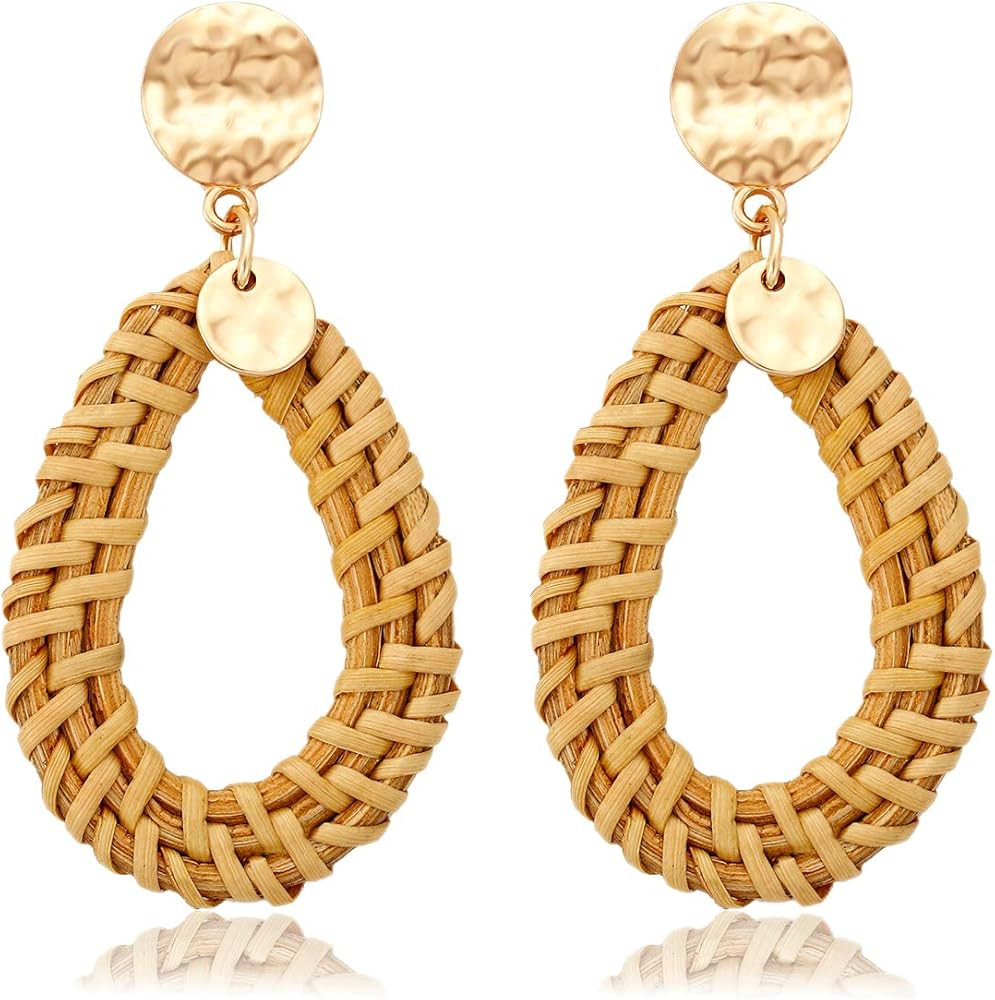 BSJELL Rattan Hoop Earrings Woven Handmade Straw Circle Drop Earrings Hammered Disc Stud Wicker B... | Amazon (US)