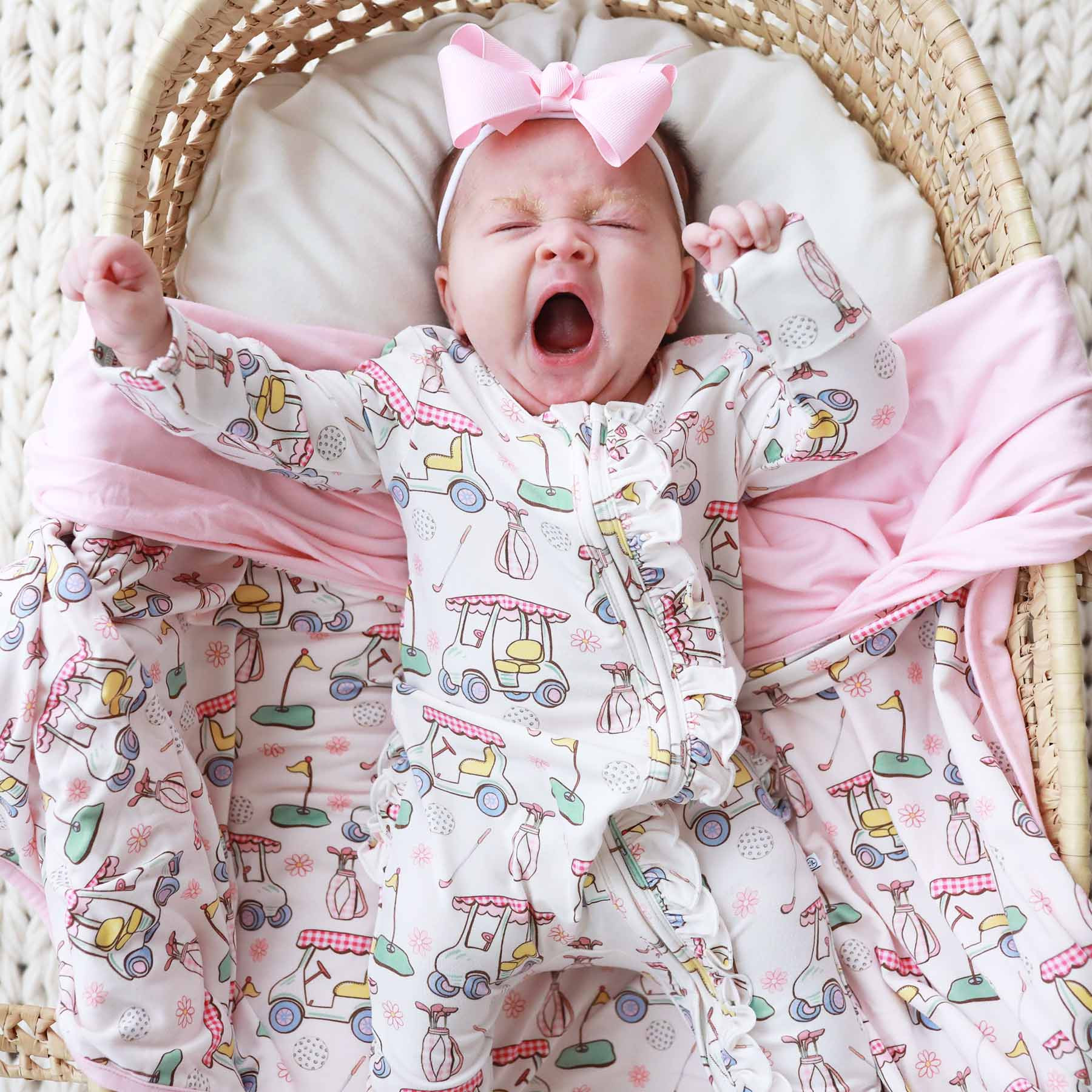 Country Club Cuties Ruffle Zipper Footie | Pink | Caden Lane