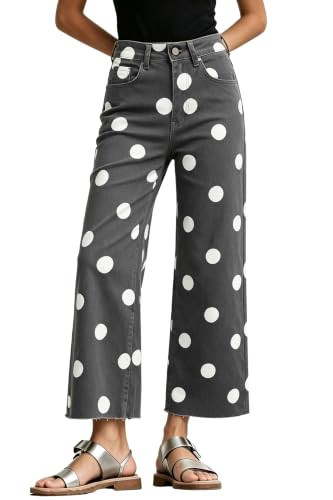 Allimy Women Polka Dot Wide Leg Cropped Jeans Denim Capri Pants Black US 14 | Amazon (US)