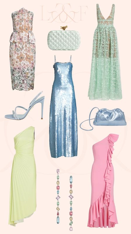 Saks. Wedding guest. Special occasion. Pastels. Lace. Pink. Maxi gown. Ruffle dress. Rhinestone sandals. Bottega bag. 

Summer style  

#LTKitbag #LTKwedding #LTKshoecrush