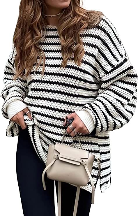 KIRUNDO Winter Women's Oversized Long Sleeve Striped Sweater Casual Crewneck Side Split Tunic Pul... | Amazon (US)