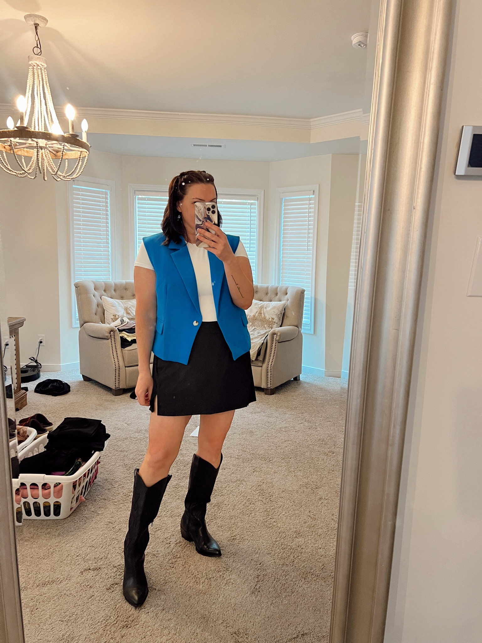 Loving this bright blue vest! Boots are on clearance for $25! 

#LTKFindsUnder50 #LTKSaleAlert #LTKMidsize